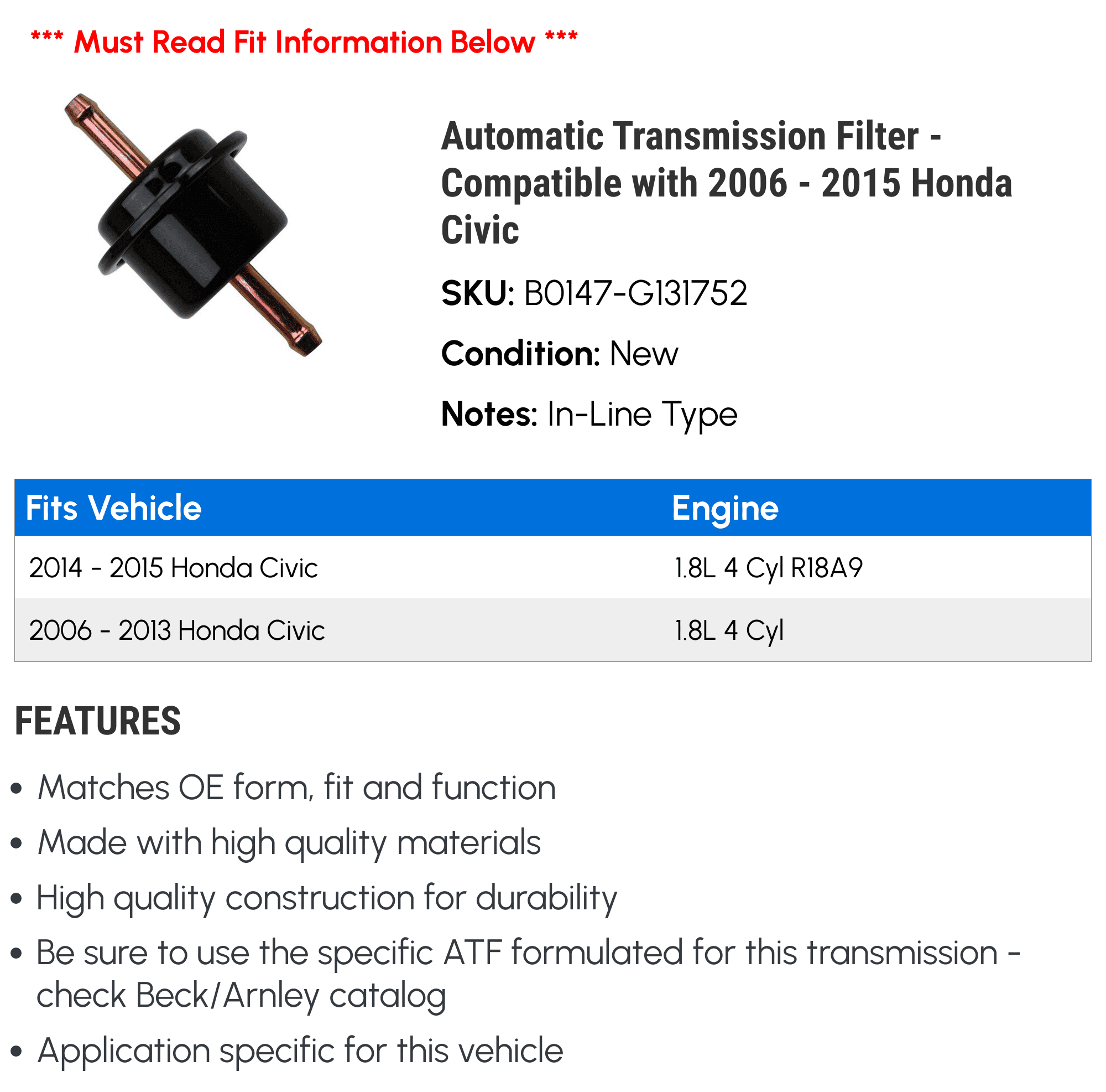 Automatic Transmission Filter - Compatible with 2006 - 2015 Honda Civic 2007 2008 2009 2010 2011 2012 2013 2014