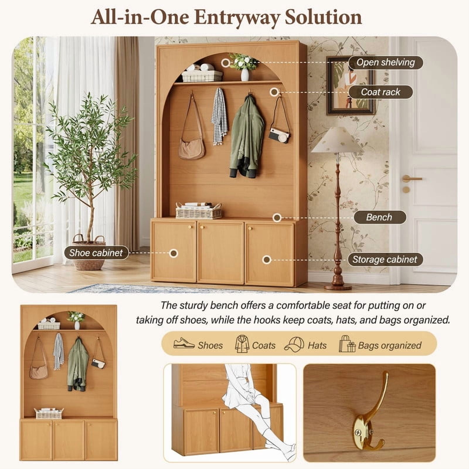 Farmhouse Arched Design Hall Tree with Adjustable Shelves, Entryway Storage Bench with 3 Cabinets, Mudroom Coat Rack Organizer with 4 Golden Hooks
