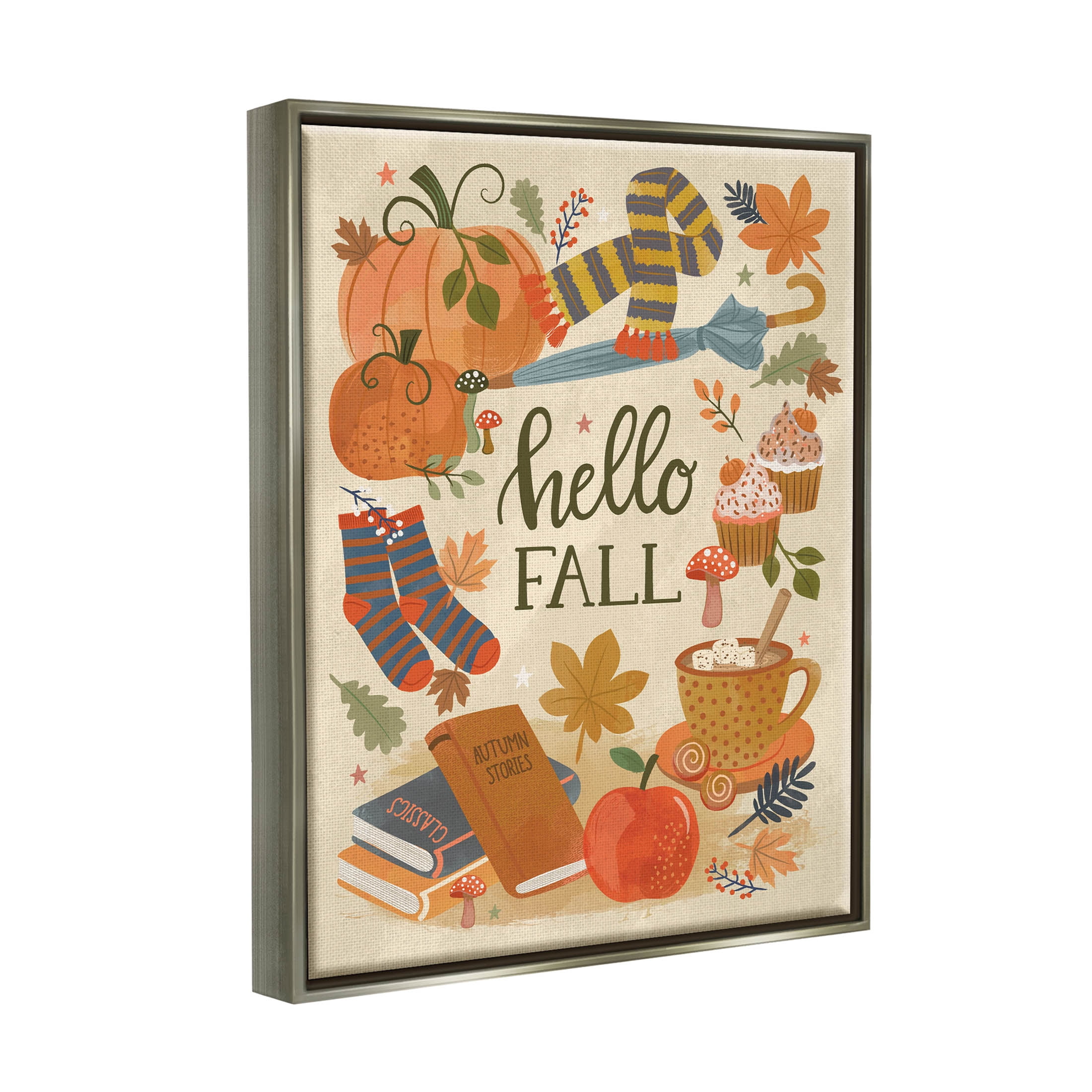 Hello Fall Cozy Autumn Items Holiday Graphic Art Luster Gray Framed Art Print Wall Art