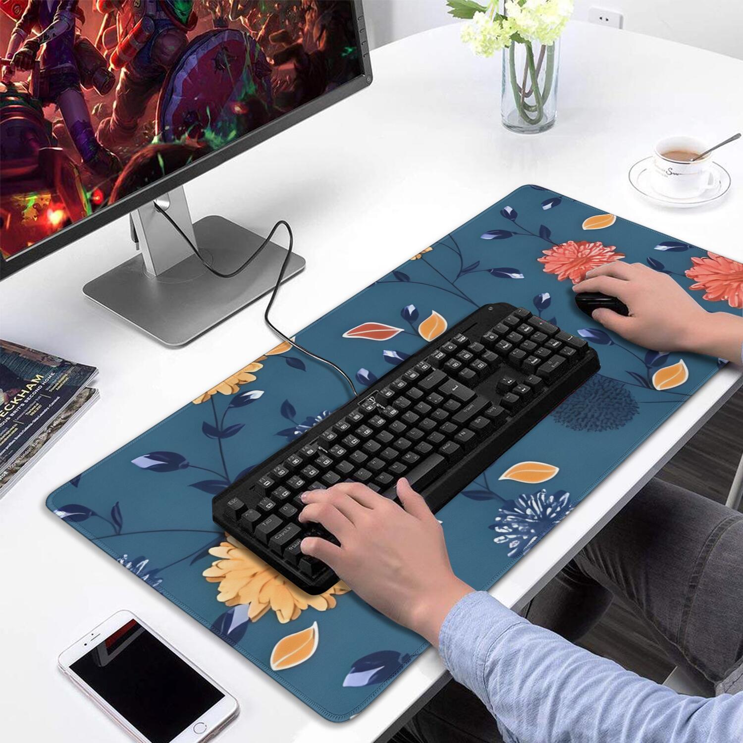 Long Mouse Pads for Desk,Pioneer Flower Floral Print Pattern Desk Mats on Top Of Desks, Desk Mouse Pad Extra Large with 3mm Non-Slip Base and Stitched Edge for Gaming,Office,Work,Home 31.5"x15.7"