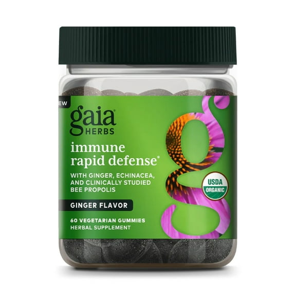 Gaia Herbs Organic Immune Rapid Defense Gummies - Supports Immunity - With Propolis, Ginger, and Echinacea - 60 Vegan Gummies (30-day Supply)