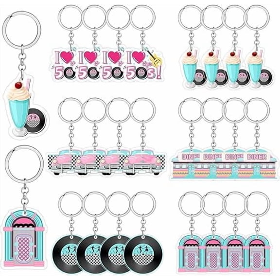 50's Party Decorations 24Pcs 50s Theme Keychains 1950's Rock and Roll Key Chains Colorful Retro Car Vinyl Record Guitar Acrylic Keyrings Party Favors for 50's Theme Music Party Birthday Party