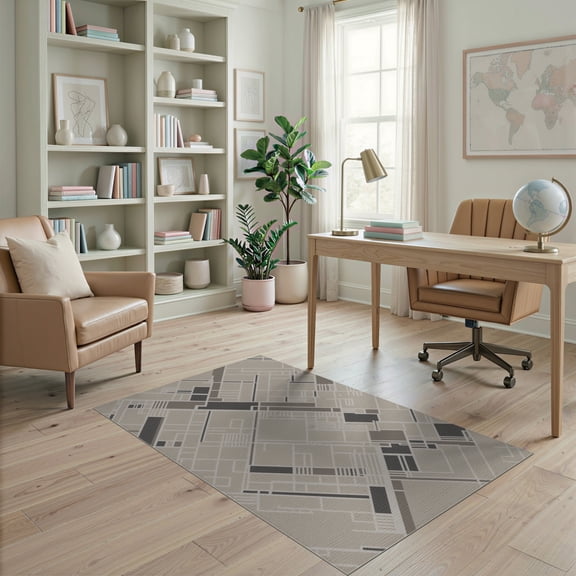 ODIKA 4'x6' Gray Beige Geometric Stone Washable Area Rug Contemporary Abstract Lines Design for Home Office, Under Desk, Non-Slip Chair-Friendly, Flatwoven