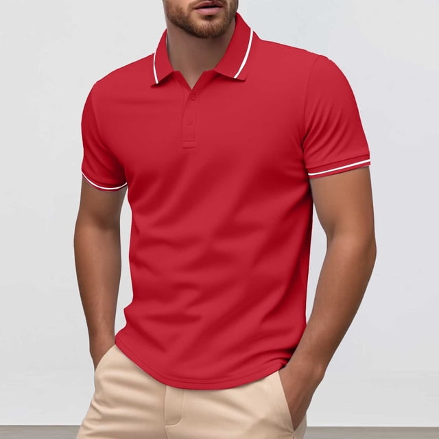 Adult Mems Polo Shirts Short Sleeve Button Tees Shirt Lightweight Red Mens Clothes