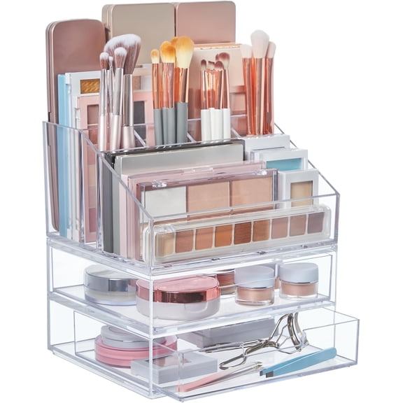 Chloe Stackable Makeup Holder & Drawer Organizer Set, Clear, BPA-Free Plastic, Made in USA, Organize Brushes, Cosmetics & Beauty Essentials