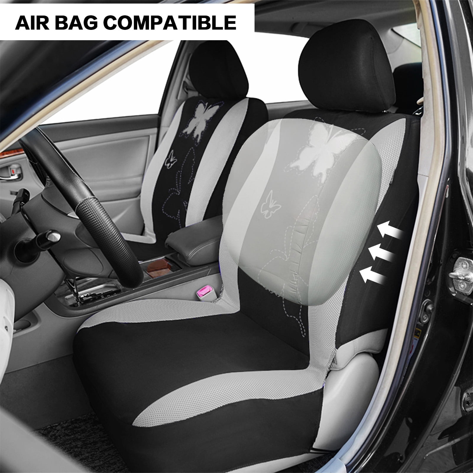 OTOEZ Butterfly Car Seat Cover, Breathable Cloth 5 Seats Full Set for Front & Rear Seat Protector, Universal fit Most Honda Toyota Chevy Ford Nissan Truck SUV, Gray