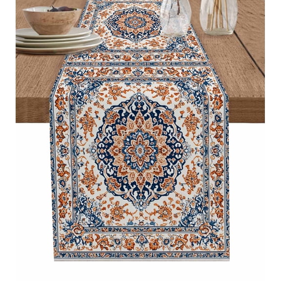 Blue Burnt Orange Boho Table Runner 48 Inches, Antique Southwestern Ethnic Bed Runner Dresser Scarves Tabletop for Indoor Outdoor Parties/Ceremony/Banquet, 13" x 48"