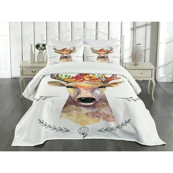 Ambesonne Indie Quilted Bedspread Set 3 Pcs, Watercolor Deer Rustic, Queen Size, Multicolor