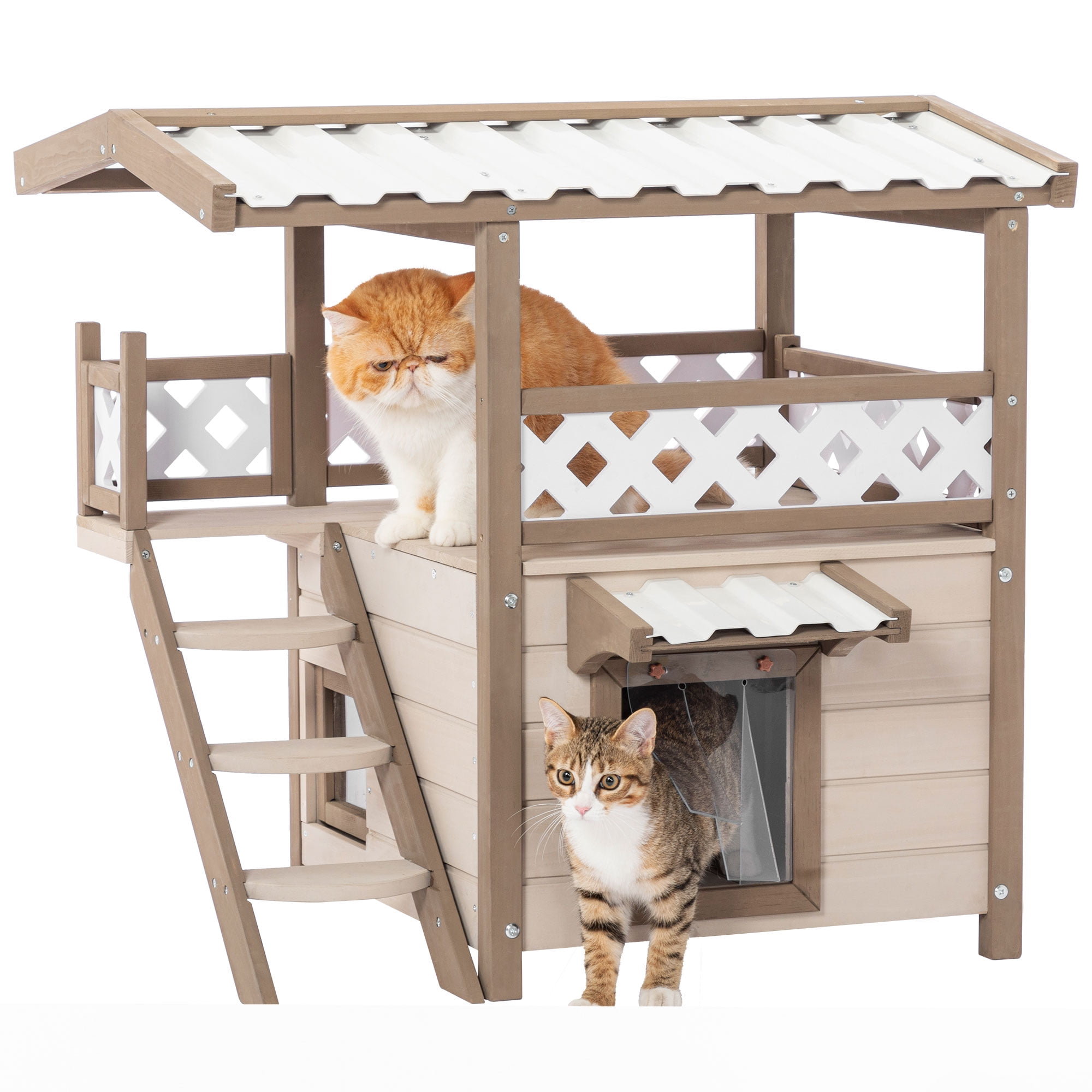 Pefilos 29" Outdoor Cat House Pet Home with Covered Balcony Feral Weatherproof Cat Shelter, Outside 2 Story Wood Cat Condo with Ladder, Beige Pefilos 29" Outdoor Cat House Pet Home with Covered Balcony Feral Weatherproof Cat Shelter, Outside 2 Story Wood Cat Condo with Ladder, Beige