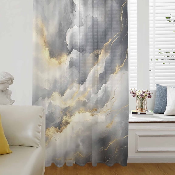 Grey Marble Semi Sheer Curtains Drapes for Living Room, Bedroom, French Doors Window 96 Inches Long, Modern Abstract Ink Painted Aesthetics Rod Pocket Chiffon Curtain Drapery Voile Draperies Panel
