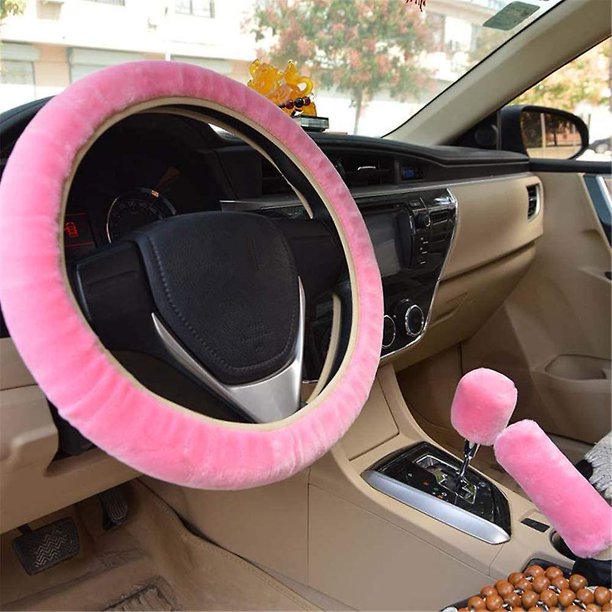 3 piezas de invierno cálido de felpa cubierta del volante cubierta del freno de mano cubierta del cambio de marchas accesorio del coche, rosa