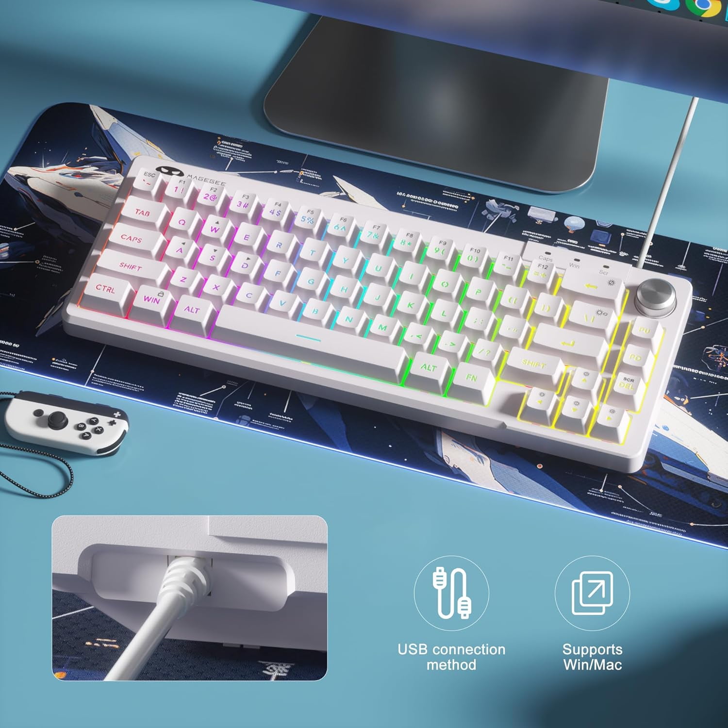 MageGee 60% Gaming Keyboard - TS68 Compact Mechanical-Style Tactile Feel, RGB Backlit with Smart Knob, 68 Keys Ergonomic Design, 18-Key Anti-Ghosting