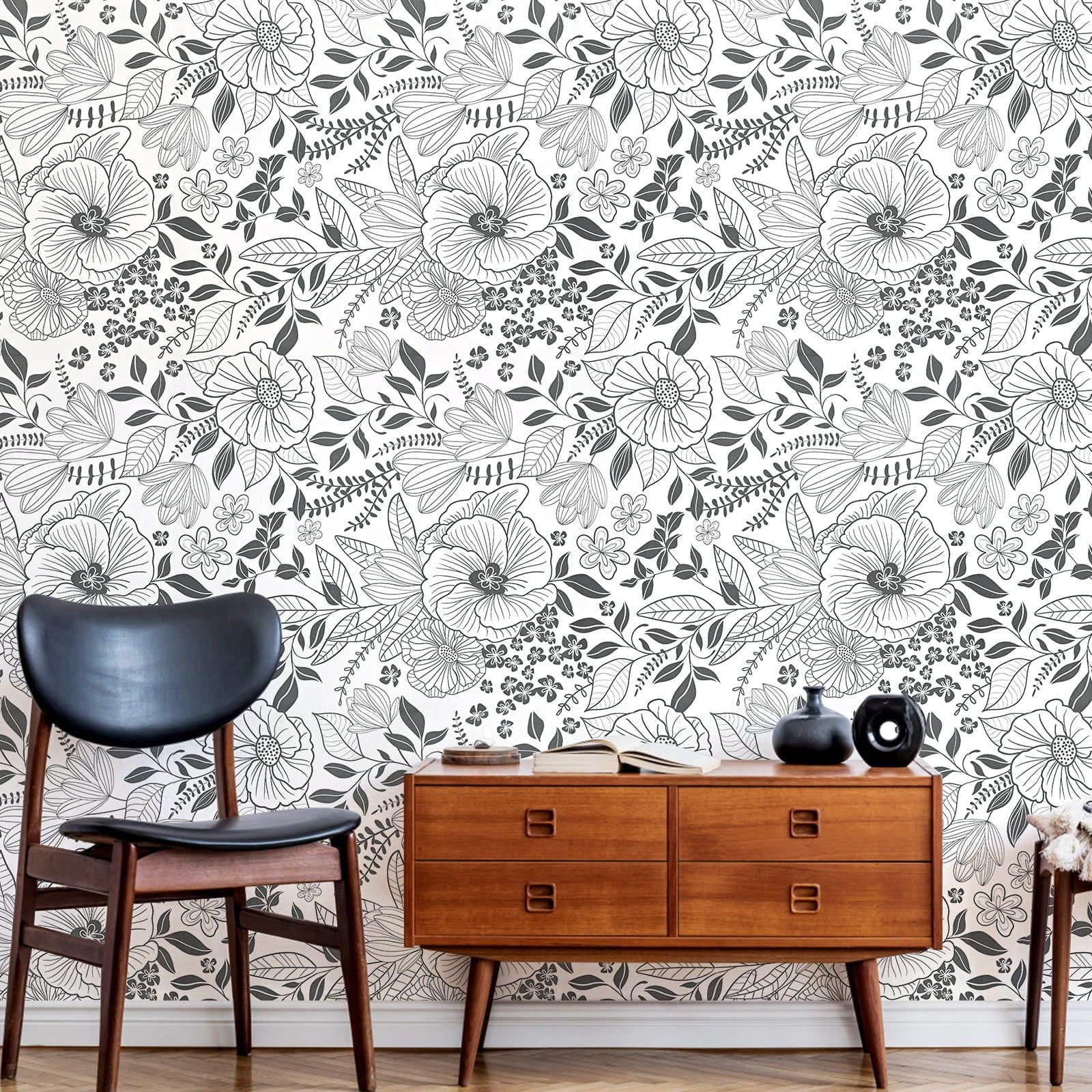 DAZLUTE Peel and Stick Removable Wallpaper White Black Floral Contact Paper Wallpaper,17.72" x 118"