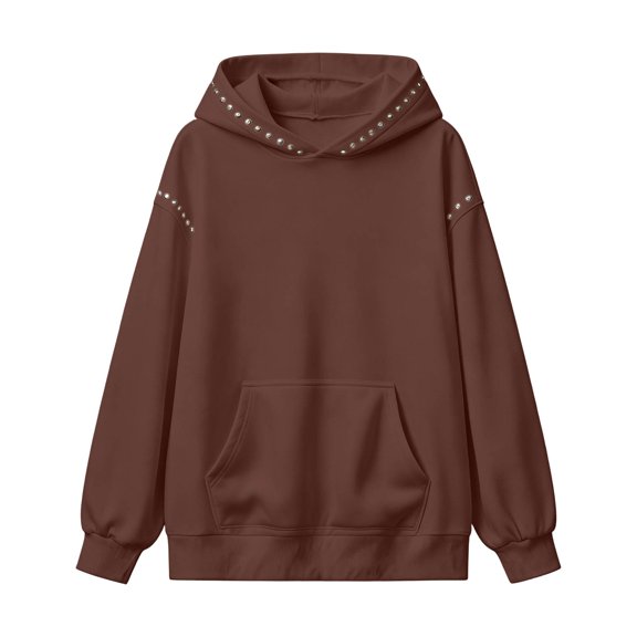 Trendfront Womens Studded Hoodies Solid Long Sleeve Hooded Sweatshirt Kangaroo Pocket Drop Shoulder Ribbed Casual Pullover Top