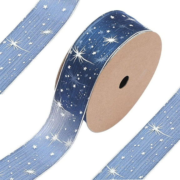 Organza Star Ribbon Wired, 1 Inch Wide 20 Yards Tree Print Sheer Glitter Ribbon for Gift Wrapping Garland Bouquet Ornaments Party Decorations (dark blue)