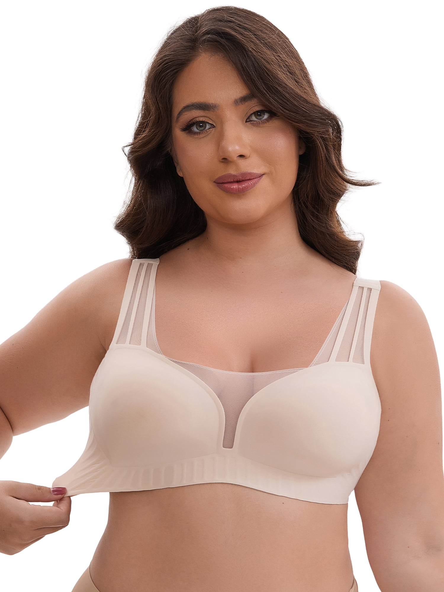 DARING DIVA Mesh Wireless Push Up Wide Straps V-Neck Lightweight Bra XL Beige