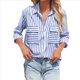 thumbnail image 1 of Camisas A Rayas con Botones para Mujer, Blusas Casuales de Larga con Cuello en V y Bolsillos Azul Real M, 1 of 6
