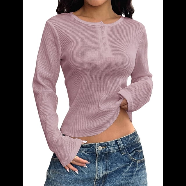 Camisas de Larga para Mujer, Otoño, Cuello Redondo, Botones, Corte Entallado, Punto Acanalado, Color Liso, Informales, 2025 Rosa XL