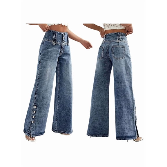 Women Wide Leg Jeans High Waisted Wide Leg Stretchy Trendy Button Denim Pants Blue XXL