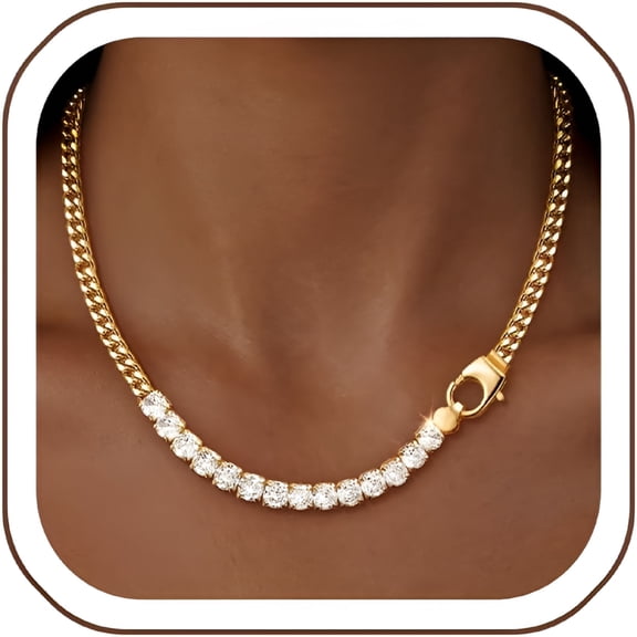 DESIGNICE 14K Gold Plated Chunky Chain Choker Necklace for Women - CZ Tennis Necklace Cuban Link Love Chain, Hypoallergenic Statement Layering Jewelry Gift for Her
