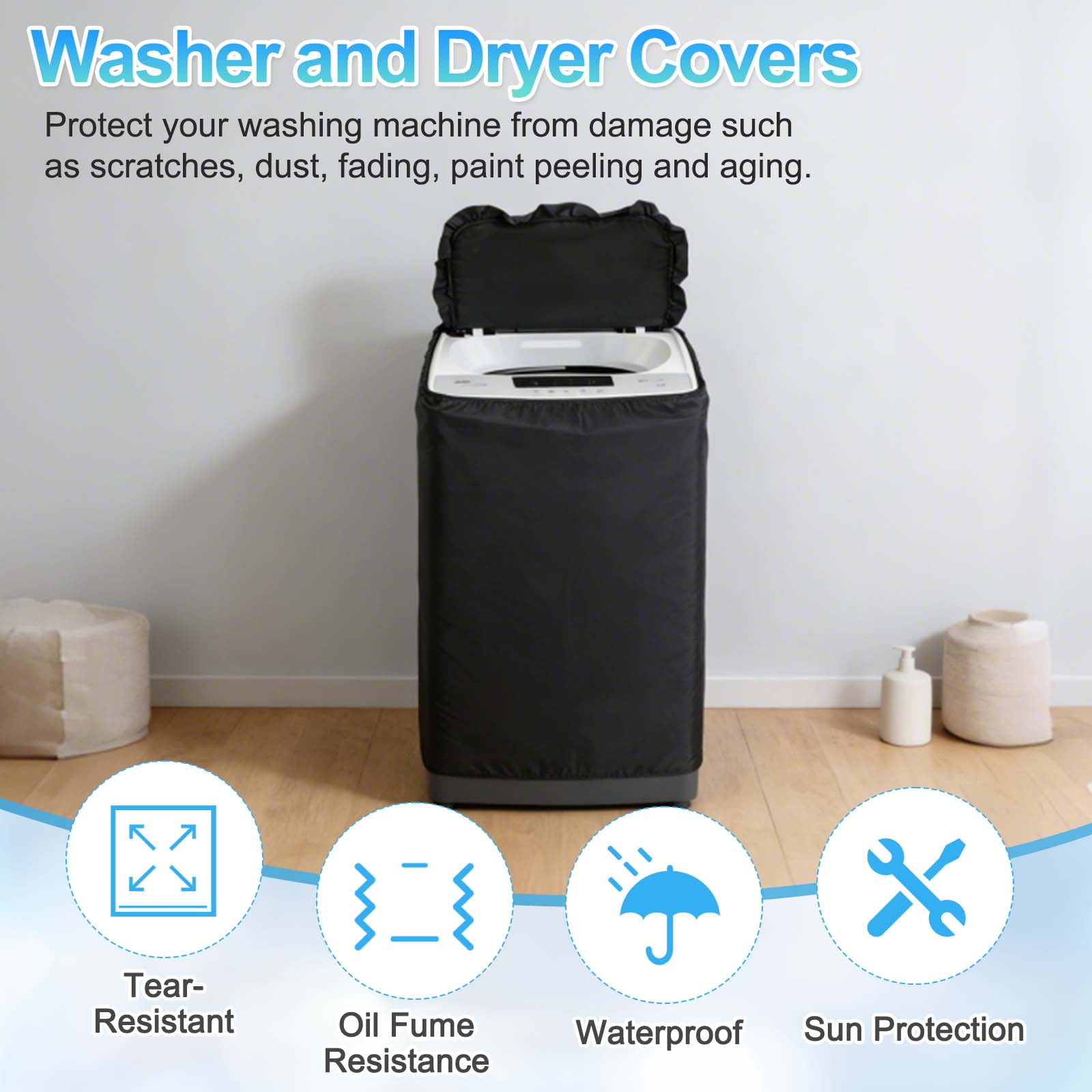 Uxcell 2 Pcs Washer and Dryer Covers 22"x24"x35"- Waterproof, Dustproof, Sun-Proof Top-loading 3 Side Washing Machine Cover for Laundry Room Balcony, Black