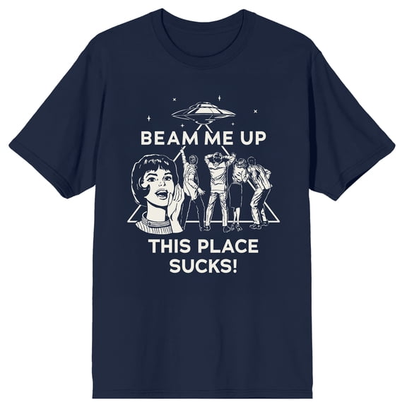 Stranger Things 5 Beam Me Up Scotty This Place Sucks Adult Navy Crew Neck Short Sleeve T-shirt-Large