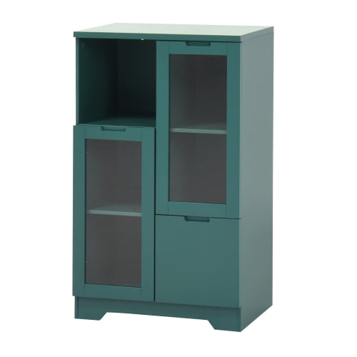 Xukmct Wood Storage Cabinet with Open Shelf and Inner Shelf, 2 Glass Doors Storage Cabinet for Living Room, Bathroom, Entryway, Green