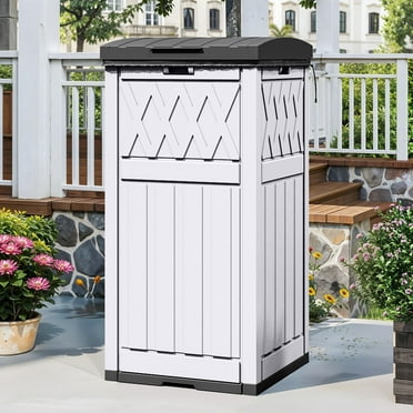 Uforic 36 Gal Outdoor Trash Can,Waterproof Resin Garbage Bin with Fabric Bag, Tiered Lid & Drip Tray, for Patio,  Backyard, White & Black