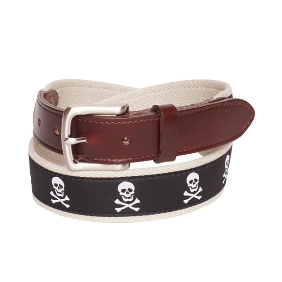 YRI Belts Men's Black Skull and Bones Ribbon Belt (Made in USA)