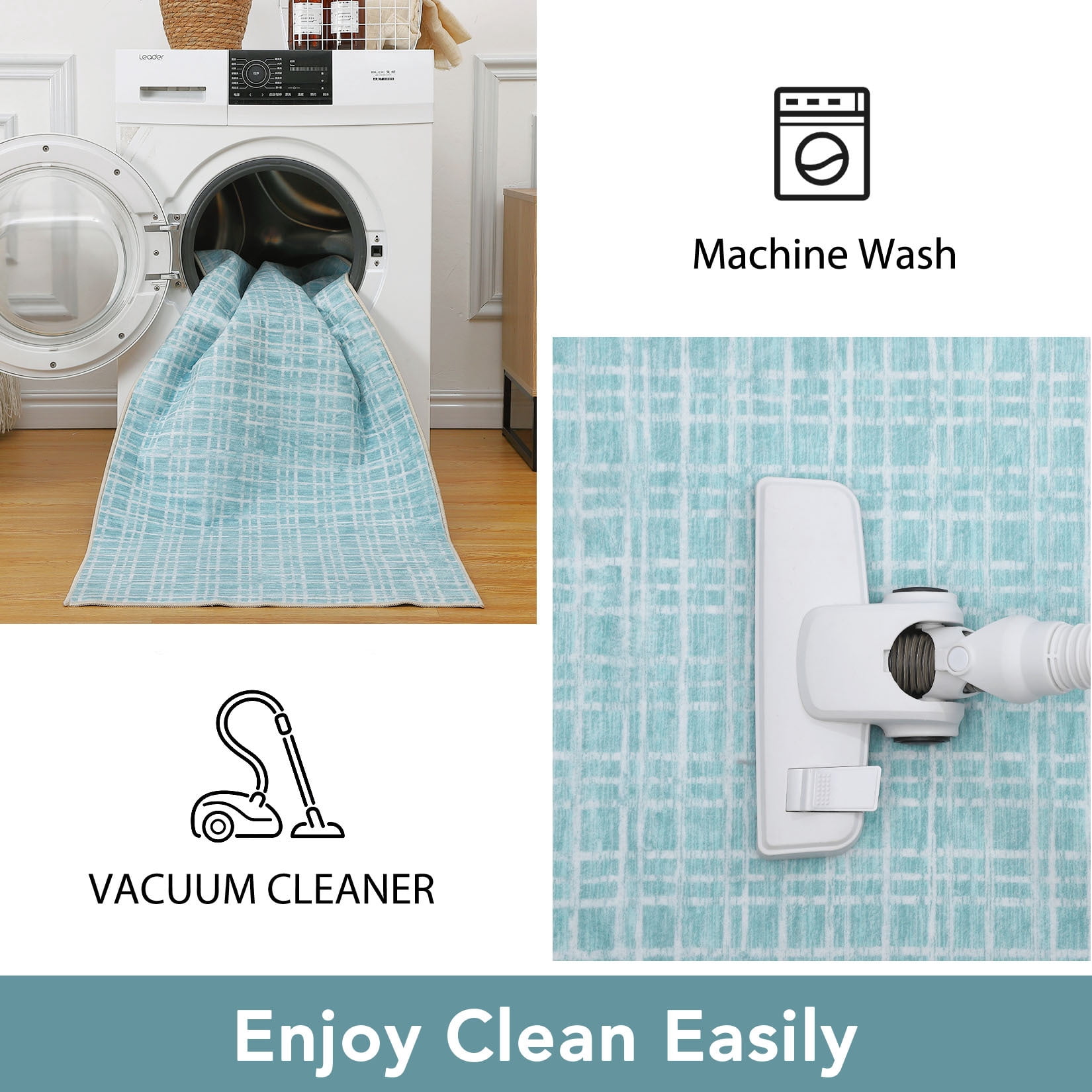 Aoile 5' x 7' Washable Area Rug, Modern Plaid Rug, Soft Faux Wool Rug Non-slip Low Pile Accent Small Rug for Bathroom Bedroom Kitchen Laundry, Mint