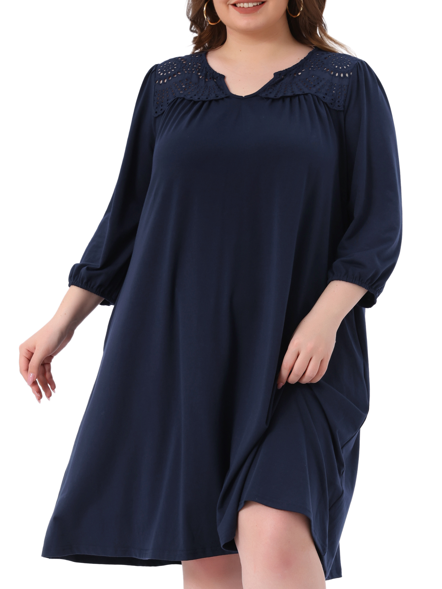 DARING DIVA Plus Size Eyelet Hollow Out Notched V Neck Midi Dress 3X Dark Blue