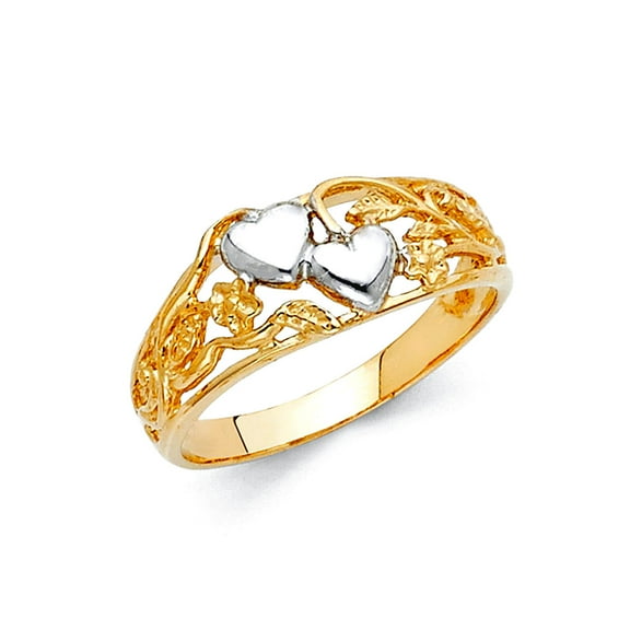 14k Yellow Gold and White Gold Fancy Love Heart Ring Size 7 Statement Ring for Women - 2.3 Grams