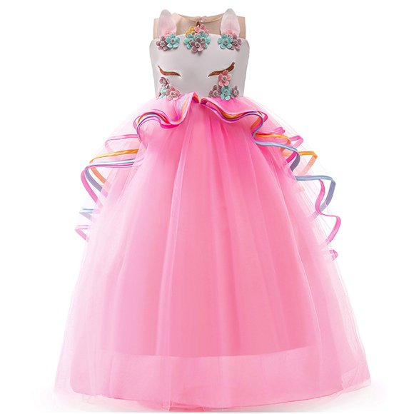 Girl Unicorn Party Princess Dress Rainbow Tulle Long Wedding Gown Birthday Kids Clothes