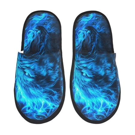 Balery Blue Fire Wolf Slient Indoor Furry Fleece Comfort House Shoes Soft Non-Slip Home Shoes Cotton slippers House Slippers-- Medium