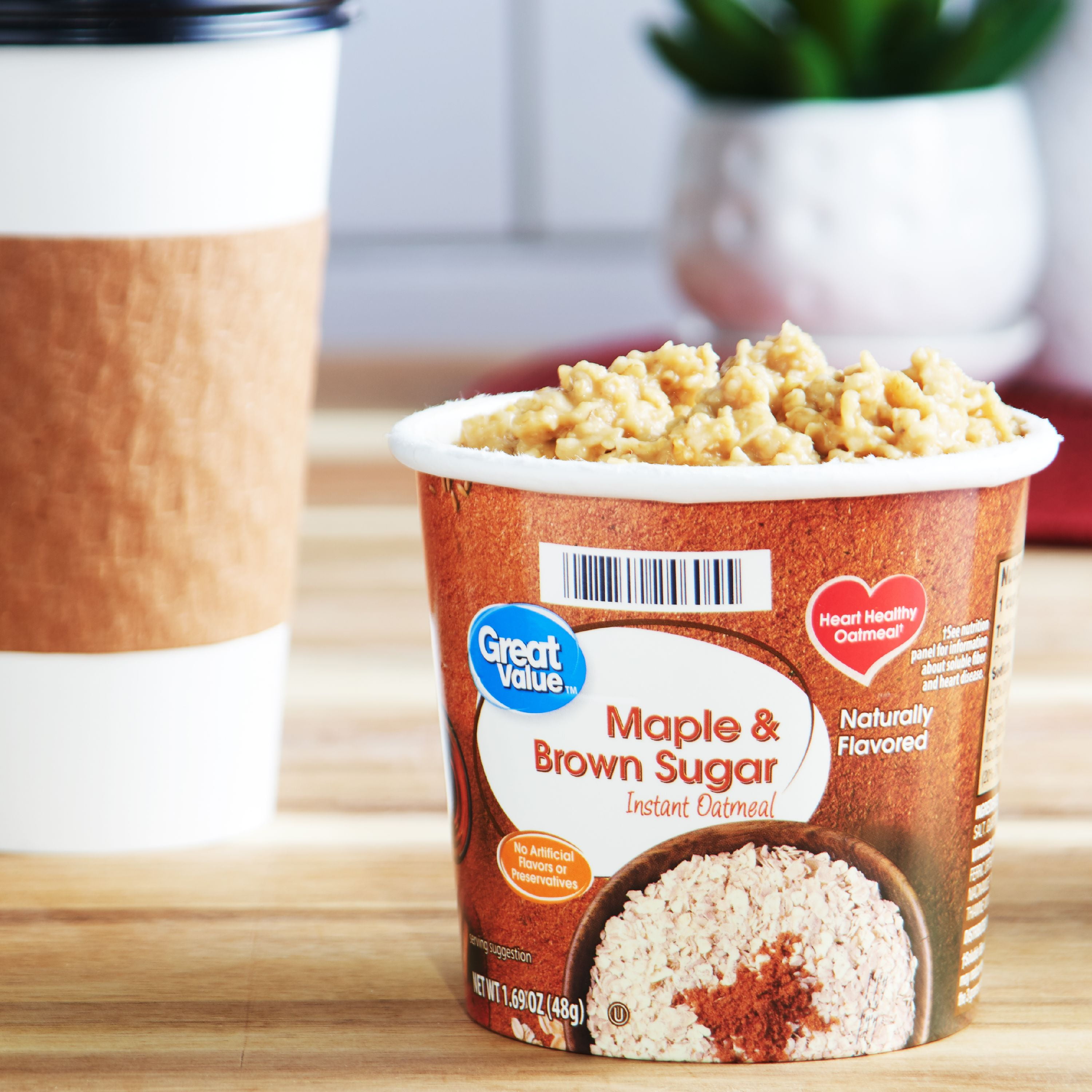 (6 pack) Great Value Maple and Brown Sugar Instant Oatmeal Cup, 1.69 oz