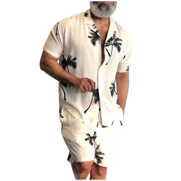 Hombres hawaianos de manga corta Tops + shorts Beach Stand-up Collar camisa impresa verano Casual camisas traje Pompotops oipoqjl35785