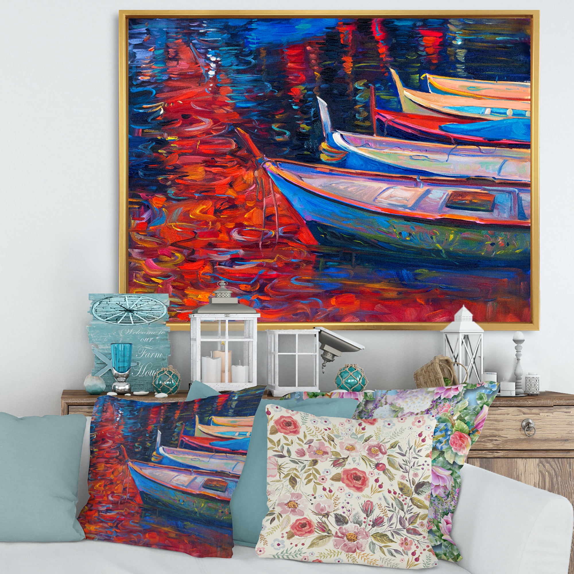 Designart 'Boats During Warm Sunset Resting On The Water IX' Nautical & Coastal Framed Canvas Wall Art Print