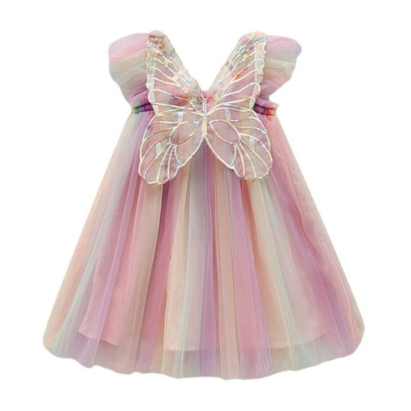 Fsqjgq Baby Girl Clothes Easter Outfit Toddler Girl Casaul Prom Dresses for Teens Pink Kids Children Girls Summer Sleeveless Mesh Back Butterfly Princess Dress Party Clothes 80