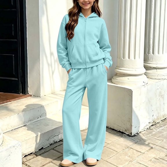 Gamivast Zip up Hoodie Sweatpants for Girls 2 Piece Sweatsuit Sets Long Sleeve Sweatshirt Matching Lounge Outfits for Youth Fall Winter Activewear Light Blue 9-10 Years