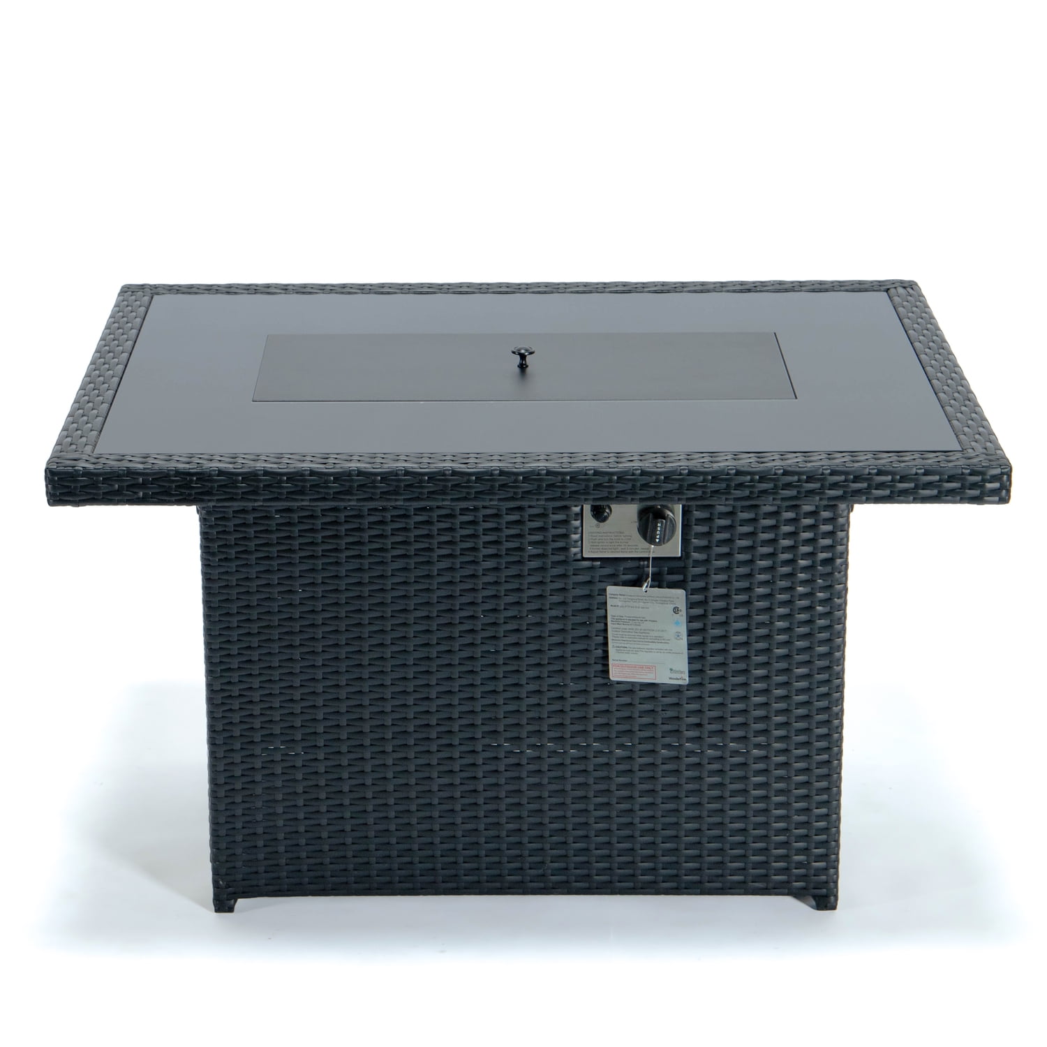 LeisureMod Wicker 55,000 BTU Fire Pit Table with Removable Lid and Tempered Glass Shield Propane Tank Storage for Modern Home, Patio, Backyard Garden Mace Collection in Black