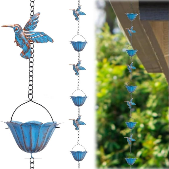 7.87FT Decorative Rain Chain, Hummingbird Rain Chains for Outside, Copper Rain Chain Bell with 7 Cups, Decorative Rain Catcher Chain Replacement Downspout for Gutters