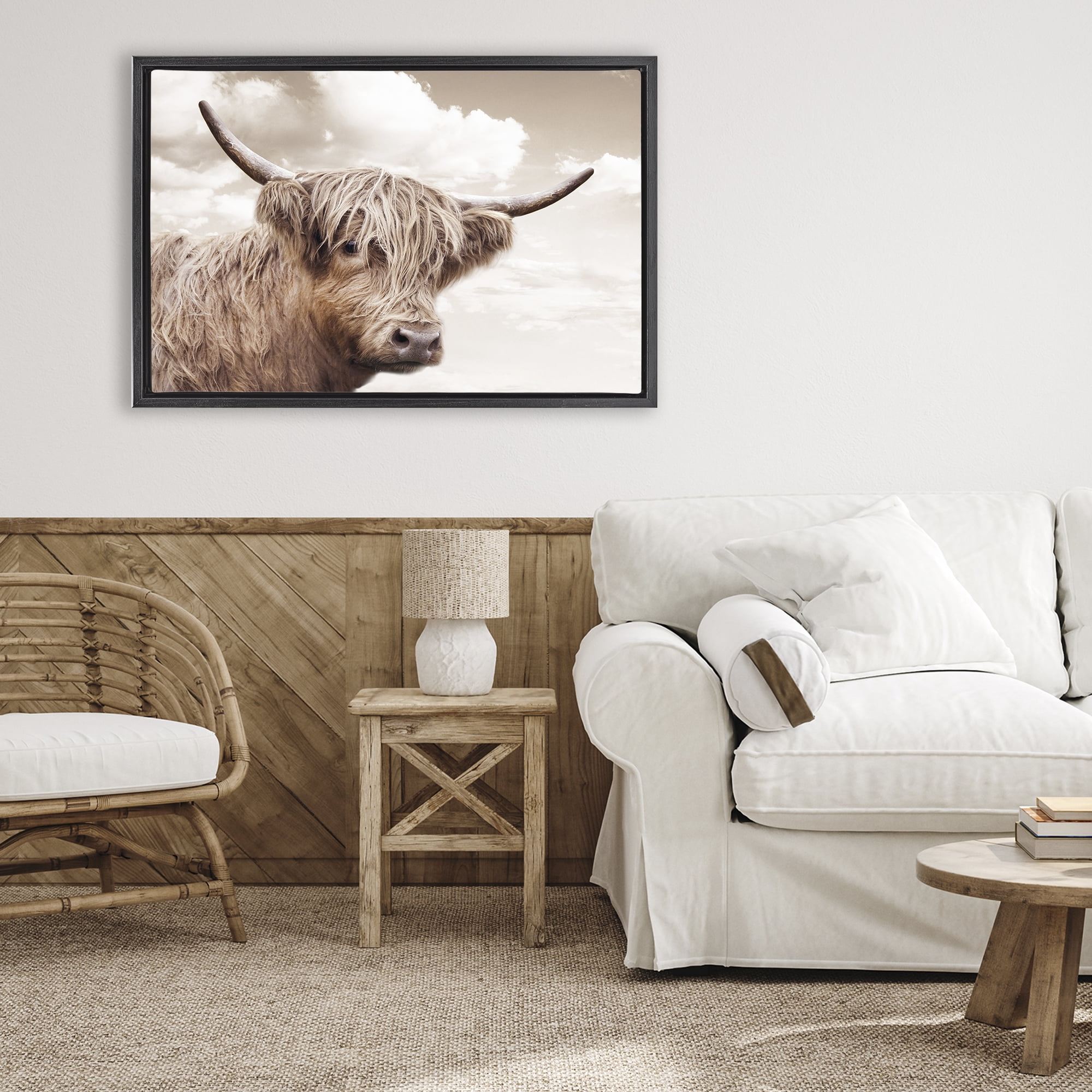 Stupell Industries Shaggy Highland Cow & Clouds Black Framed Floater Canvas Wall Art, design by CAD Designs