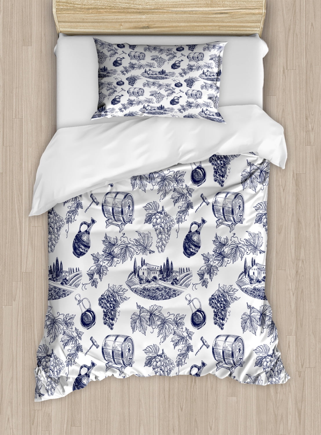 Vines Duvet Cover Set Twin Size, Monotone Sketch Look Country Side