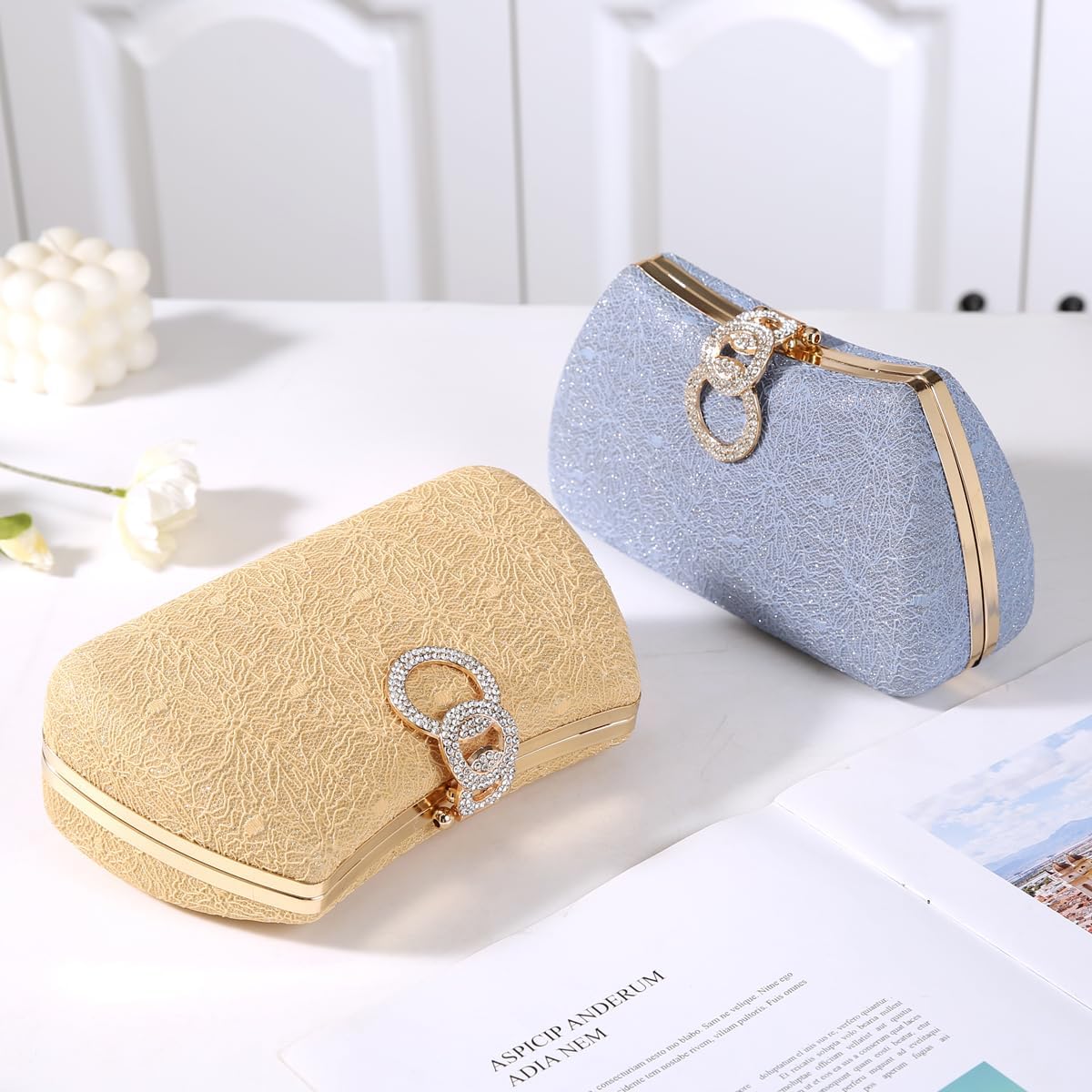 Women's Fashion Evening Bag Rhinestone Decrated Clutch Handbag with Chain