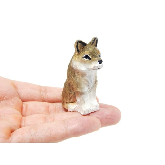 Gray Wolf - Small 2" Wood Art Figurine - Handmade USA - Unique Original Art Carving Work - Decoration, Miniature Animals