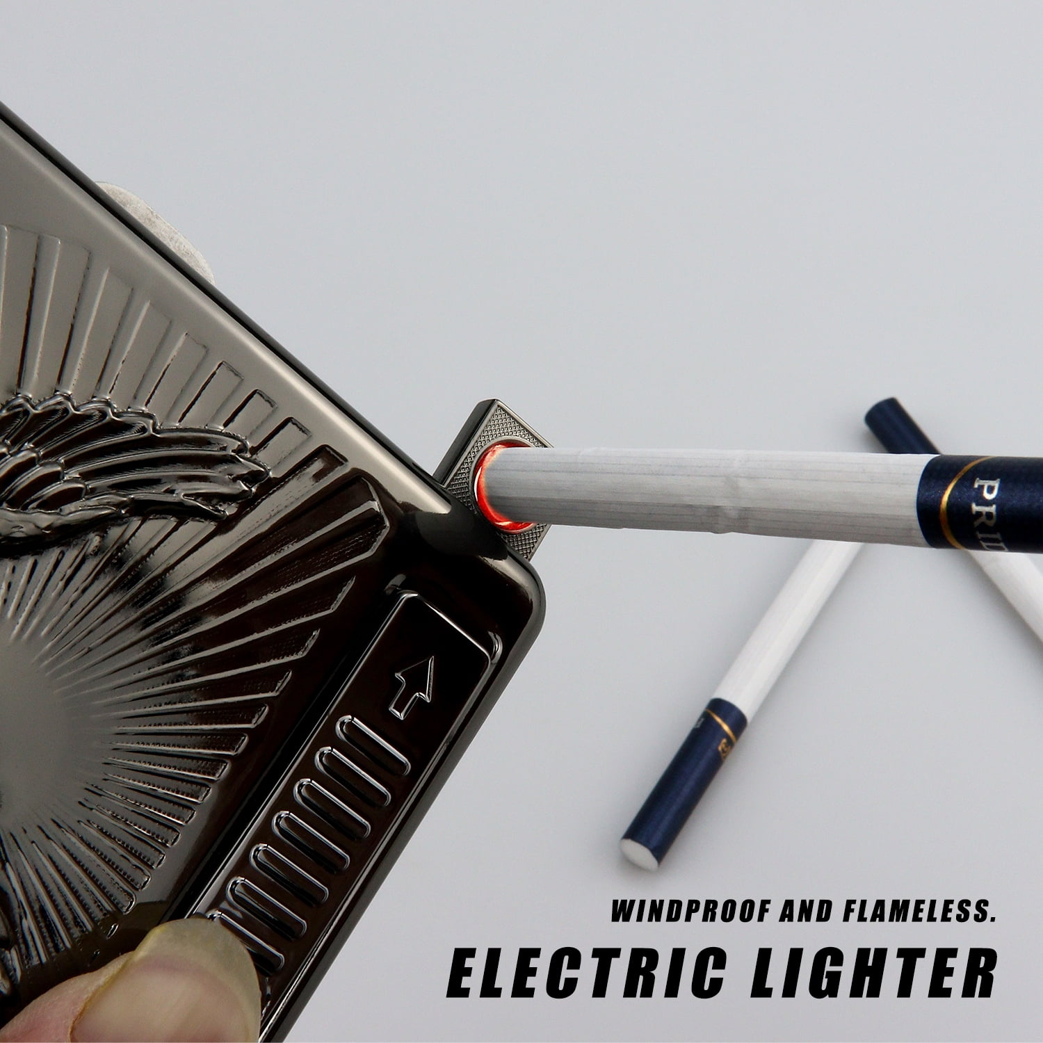 20 PCS Set Metal Cigarette Case Holder Arc Lighter with 3D Eagle Design Rechargeable Electric Arc Lighter Case Windproof Flameless USB Cigarette Case Lighter (Black)