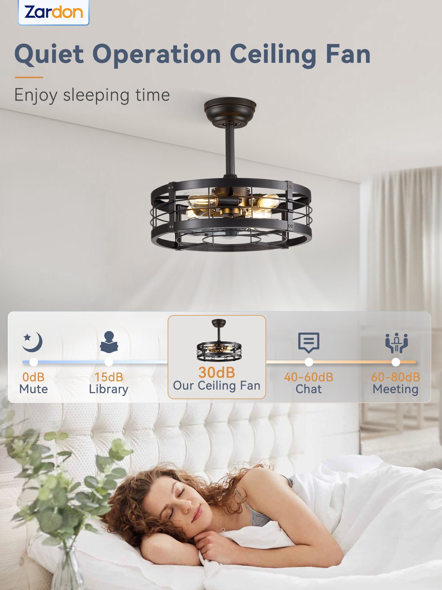 Zardon 18" Black Antique Caged Indoor Ceiling Fan with Pure Copper Motor, Dimmable LED Lights, Remote Control, 6 Speeds