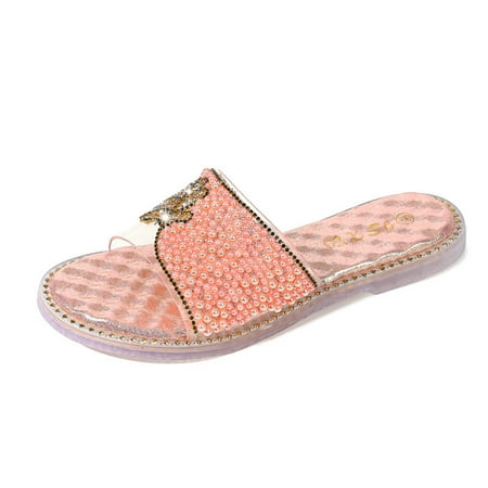

XIAQUJ Women Two Straps Fashion Slide Jelly Sandals Flat Glitter Open Toe Rhinestone Shoes Sandals for Women Pink 6.5(37)