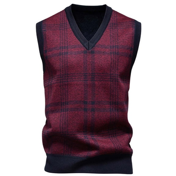Rohuuque Men's Sleeveless Sweater Vest Winter Thermal Fleece Lined Striped Pattern Stretch Knit Vest V Neck Pullover Burgundy A