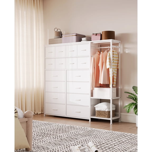 Large Clothes Storage Rack 16-Drawer & 2-Tier Shelves - Space Saving Freestanding Wardrobe for Small Bedroom/Apartment | No Assembly Needed, Breathable Fabric Drawers，White